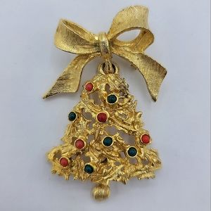 Vintage Gold-Tone Christmas Tree Brooch with Bow & Red Green Beaded Ornaments